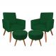 Kit 2 Poltronas e 2 Puffs Banqueta Redonda Nina Suede Verde Pés Palito Castanho - Pallazio
