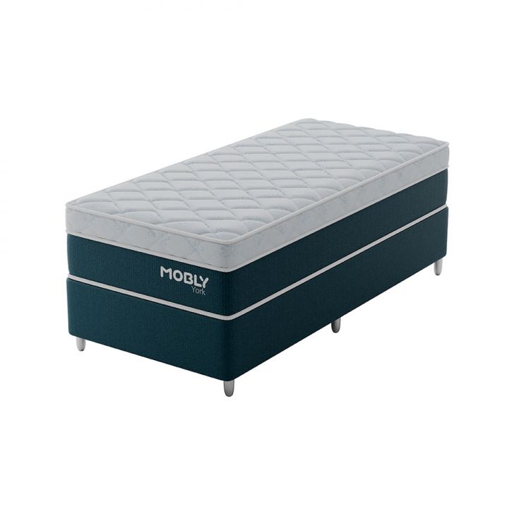 Cama Box Solteirão York Com Colchão Molas Ensacadas (61x108x198) Azul E Branca
