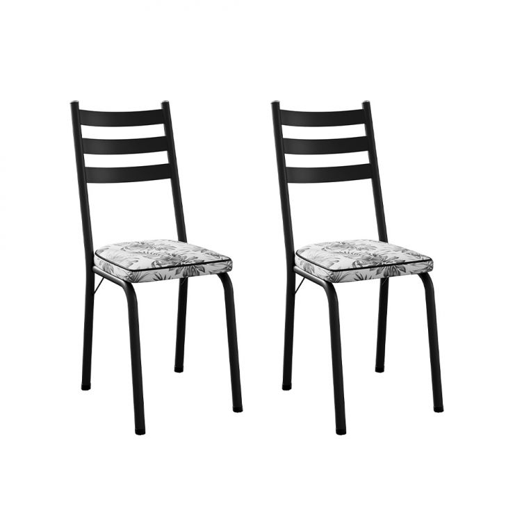 Conjunto com 2 Cadeiras New Revestimento Sintético Floral Cinza e Preto