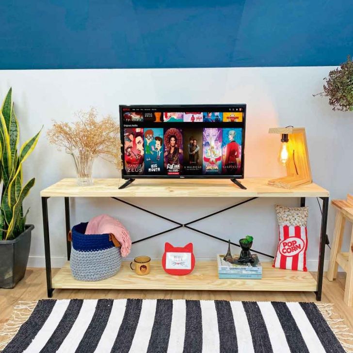 Rack de TV Industrial de Ferro e Madeira Style Square Natural e Preto