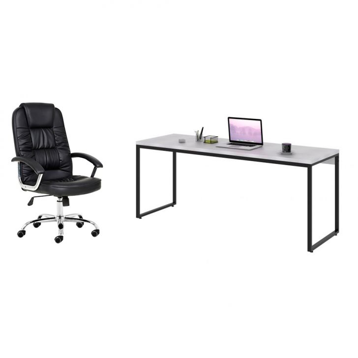 Conjunto de Mesa Studio Branca 180 cm com Cadeira de Escritório Presidente Giratória com Relax Finland Preta
