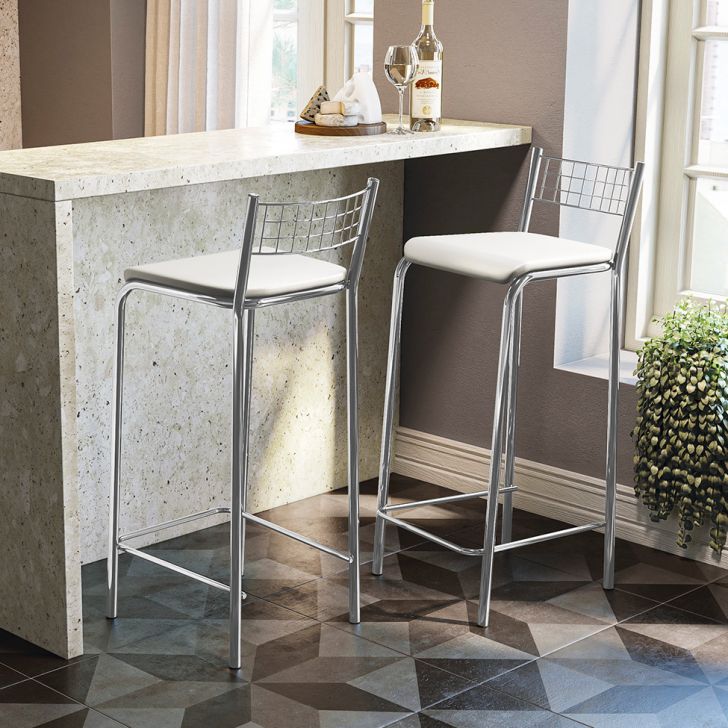 Conjunto com 2 Banquetas Gênova Corino Branco e Cromado
