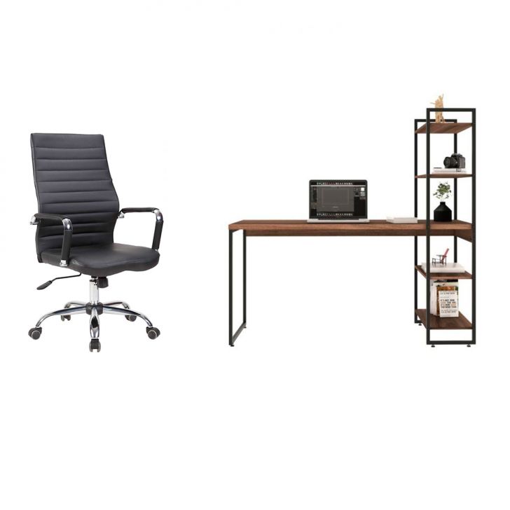 Conjunto de Mesa Studio com Estante Nogal 146 cm com Cadeira de Escritório Diretor Giratória Cleaner Preta