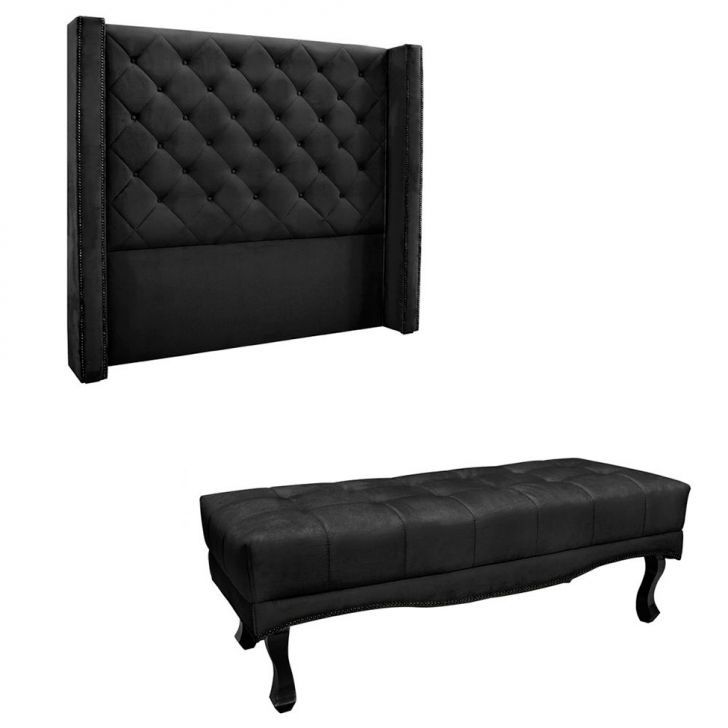 Conjunto de Cabeceira Solteiro com Recamier Vicenza Veludo Preto