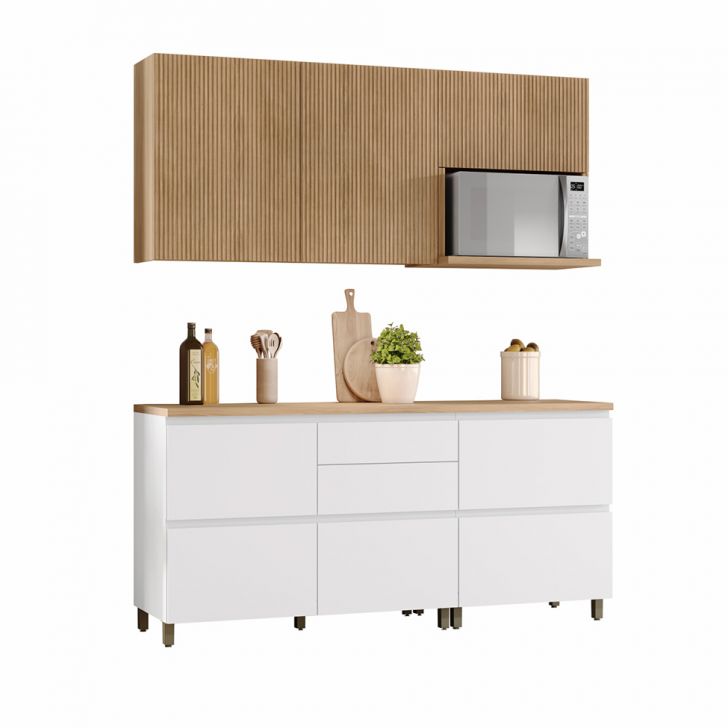 Cozinha Compacta Rainha 100% MDF 5 Portas 5 Gavetas Branca e Nature