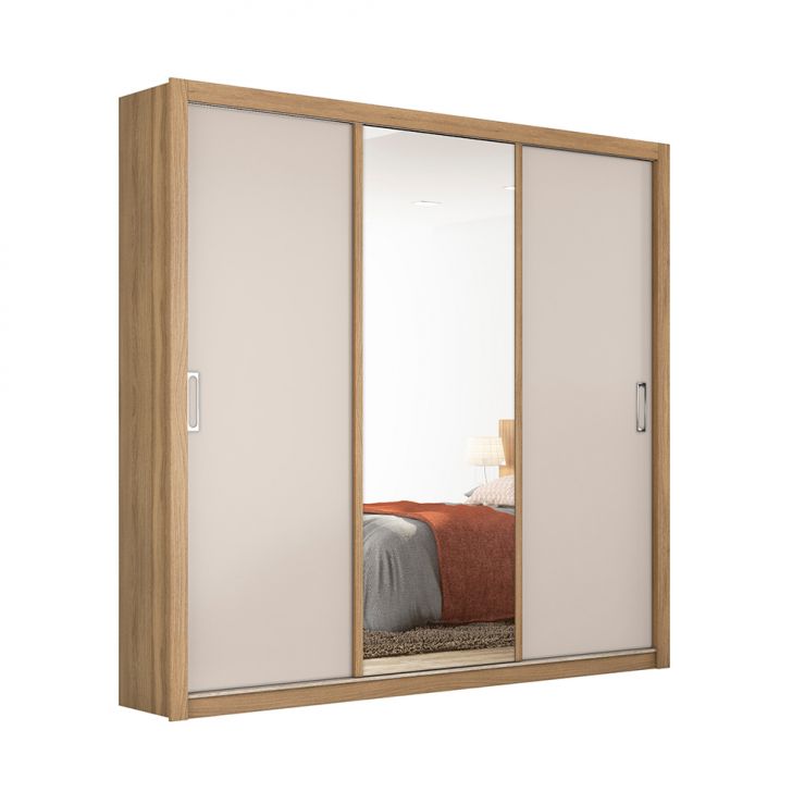 Guarda-roupa Casal Com Espelho Residence 3 Portas 2 Gavetas Amêndola E Off White