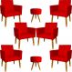 Kit 6 Poltronas Decorativas Para Sala, Recepção Nina + 2 Puff Redondo Suede Vermelho Pé Castanho - Clique E Decore