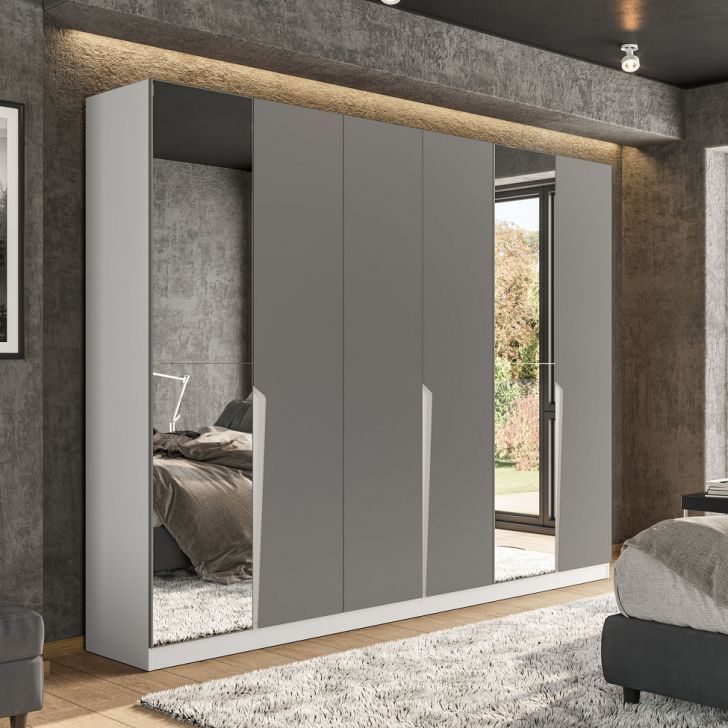 Guarda-roupa Casal Com Espelho Porto 6 Portas 4 Gavetas Branco E Cinza