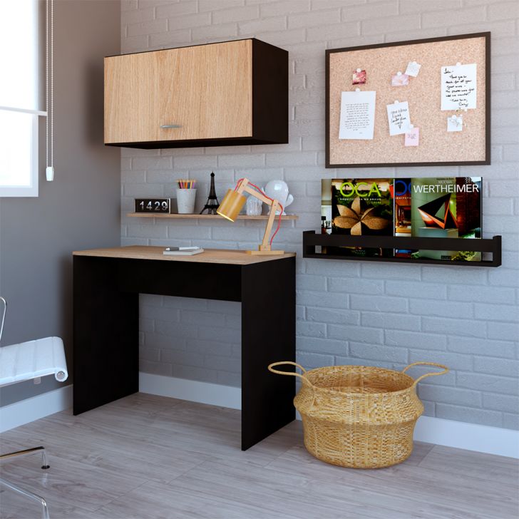 Escrivaninha Com Armário Aéreo E Nicho Patt Preto E Carvalho Mel