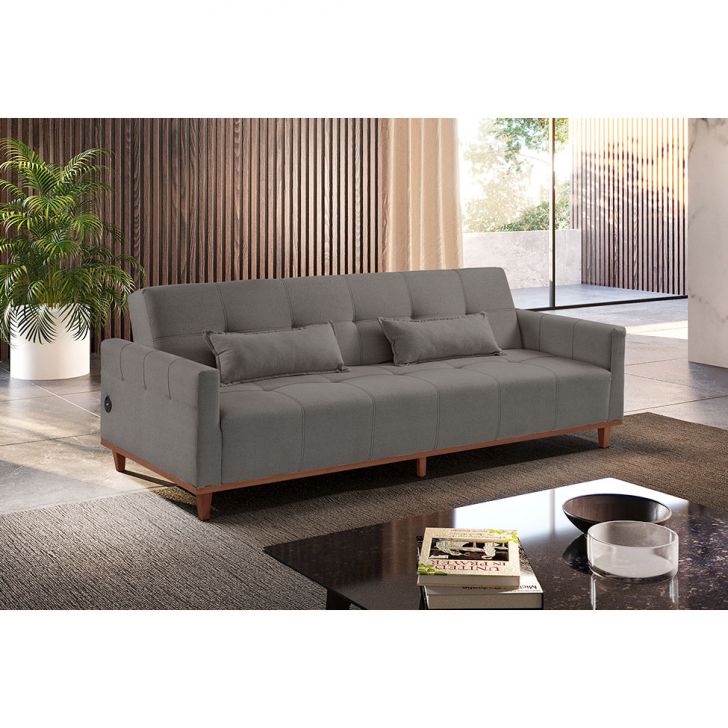Sofá-Cama Casal 3 Lugares com USB Noronha Linho Cinza