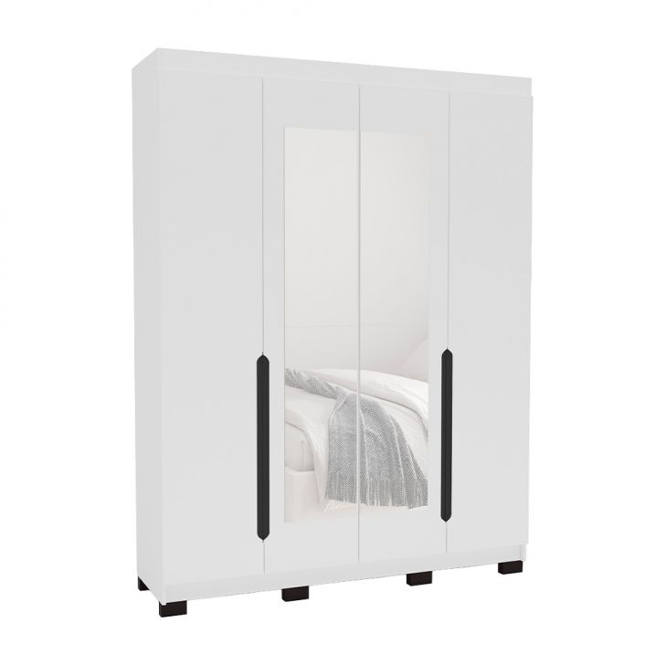 Guarda-roupa Solteiro Com Espelho Madrid 4 Portas 4 Gavetas Branco