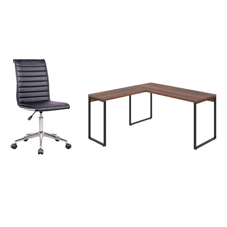 Conjunto de Mesa Kuadra Nogal 150 cm com Cadeira de Escritório Secretária Giratória Marilyn Preta