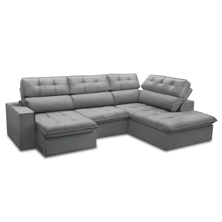 Image of Sofá 5 Lugares Retrátil E Reclinável Arezzo Com Chaise Direito Veludo Prata PLA-FE691UP77DVQMOB