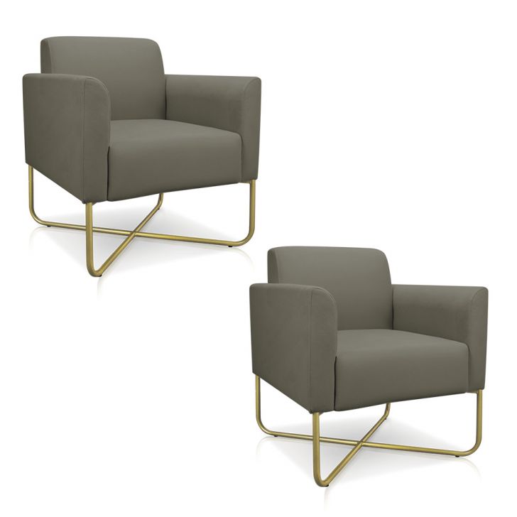 Kit 02 Poltronas Marisa Suede Marrom Rato Base X Industrial Dourado - D'Rossi