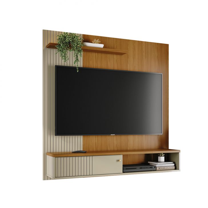 Painel Com Rack Suspenso Para Tv Até 65 Polegadas Aurora 1 Porta Cumaru E Opala