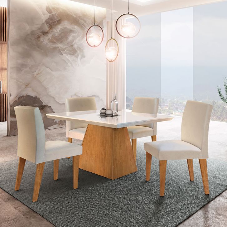 Conjunto De Mesa De Jantar Luna Com Tampo Off White E 4 Cadeiras Grécia Veludo Creme E Imbuia