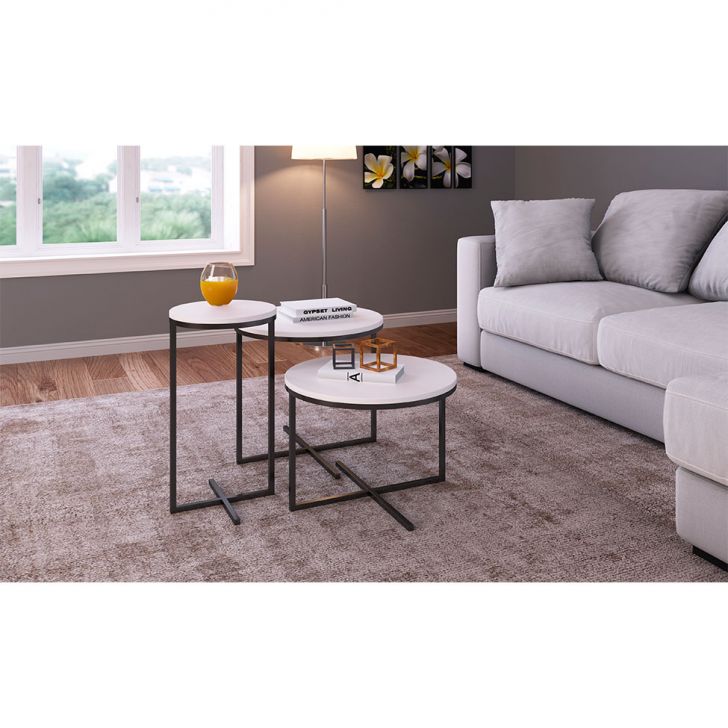 Conjunto com 2 Mesas de Centro e 1 Mesa Lateral Volpi Branco e Preto