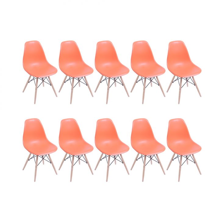 Conjunto com 10 Cadeiras DKR Eames Laranja e Madeira