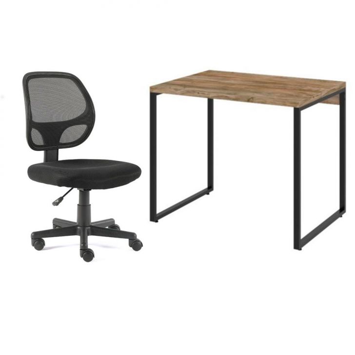 Conjunto de Mesa Kuadra Carvalho com Cadeira de Escritório Secretária Giratória Oxford Preta