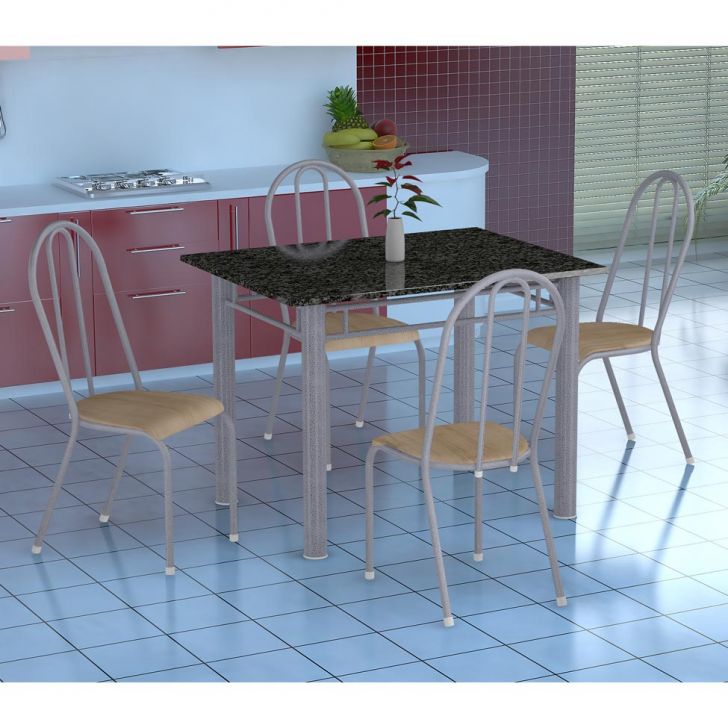 Conjunto De Mesa Genova Com 4 Cadeiras Alicante Branco Prata E Nature Bege