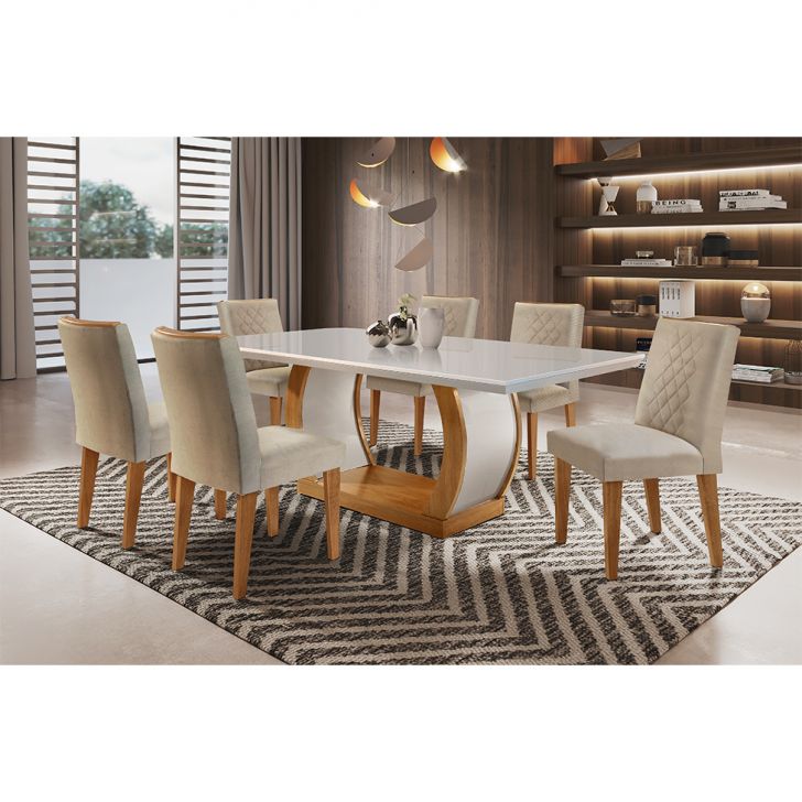 Conjunto De Mesa De Jantar Com Tampo Off White E 6 Cadeiras Maia Linho Bege E Imbuia