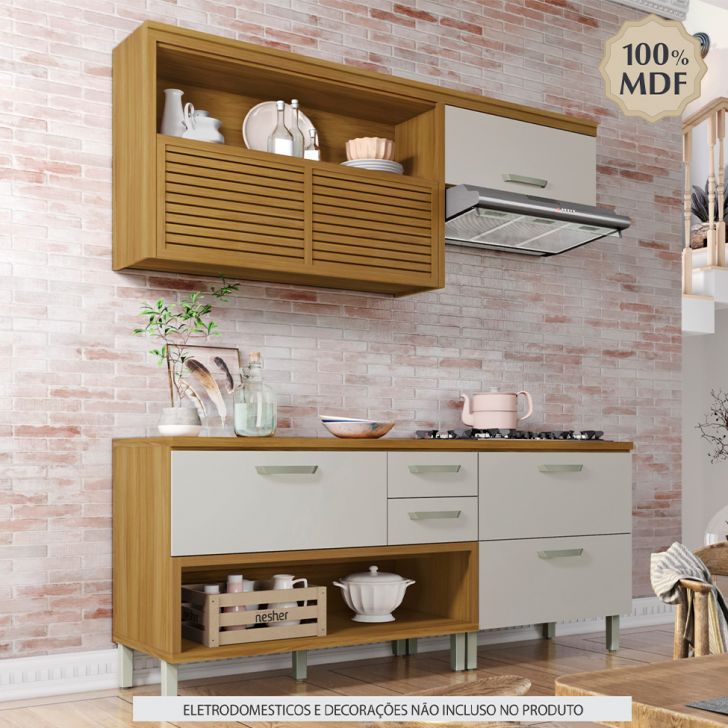 Cozinha Compacta Princesa com Nicho 4 Portas 3 Gavetas Freijó e Off White