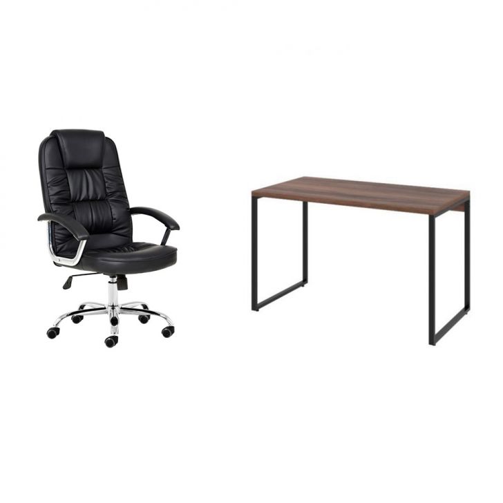 Conjunto de Mesa Kuadra Nogal 120 cm com Cadeira de Escritório Presidente Giratória com Relax Finland Preta