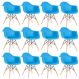 Kit 12 cadeiras Charles Eames Eiffel DAW com braços e pés de madeira clara Azul-céu