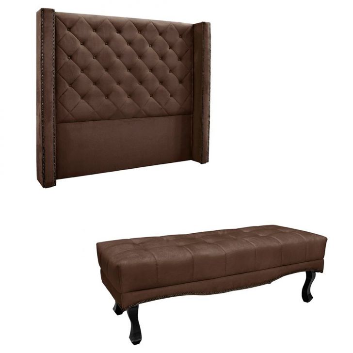 Conjunto de Cabeceira Casal com Recamier Vicenza Veludo Marrom