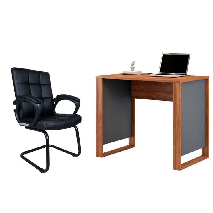 Conjunto de Mesa Morada Amendola e Grafito com Cadeira de Escritório Interlocutor Fixa Charles Preta