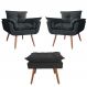 Combo 02 Poltronas decorativas mais um Puff Opalla Pés Palito Preto - DS Estofados