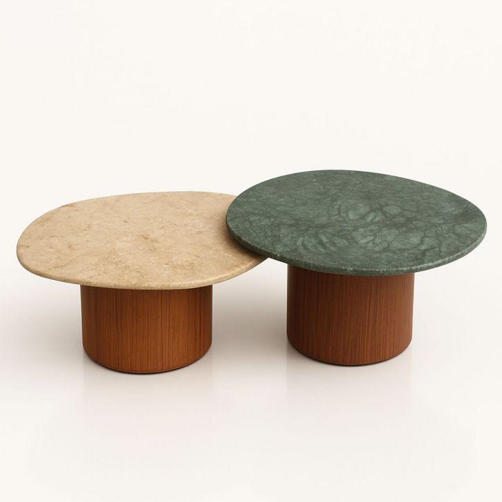 Conjunto de duas Mesas de Centro Orgânica 90 cm Mármore Guatemala & Travertino