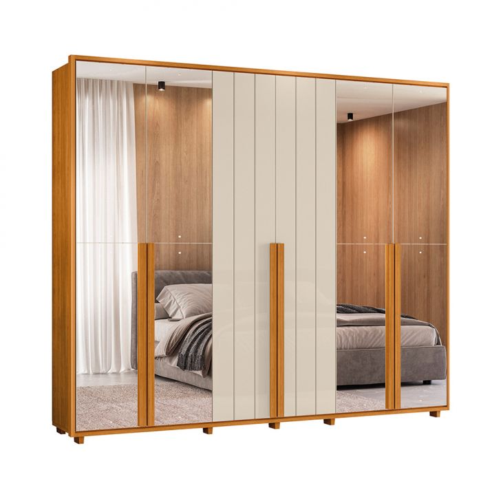 Guarda-roupa Casal Com 4 Espelhos Volpi 6 Portas 6 Gavetas Cinamomo E Off White