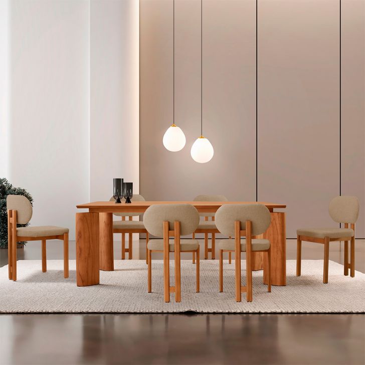 Mesa De Jantar Retangular Com Tampo Laminado E 6 Cadeiras Aimê Linho Âmbar E Imbuia Natural