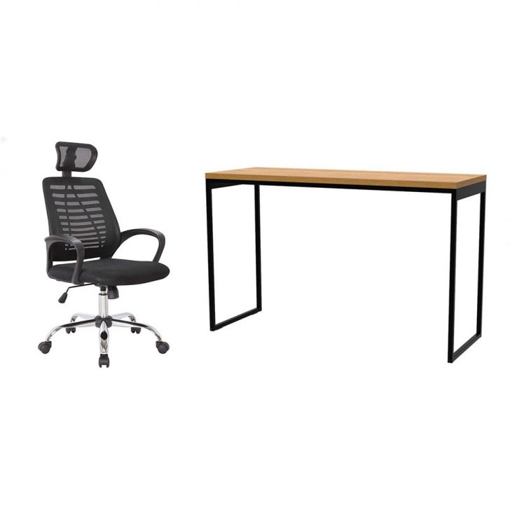 Conjunto de Mesa Stanford Amêndoa 120 cm com Cadeira de Escritório Diretor Giratória Light Preta