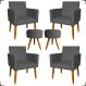 Kit 4 Poltronas Decorativas Para Sala Nina + 2 Puff Redondo Suede Cinza Pé Castanho - Clique E Decore