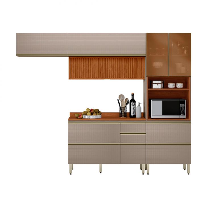 Cozinha Compacta com 2 Vidros Reflecta Ripada Proença 6 Portas 6 Gavetas Bege e Nogueira