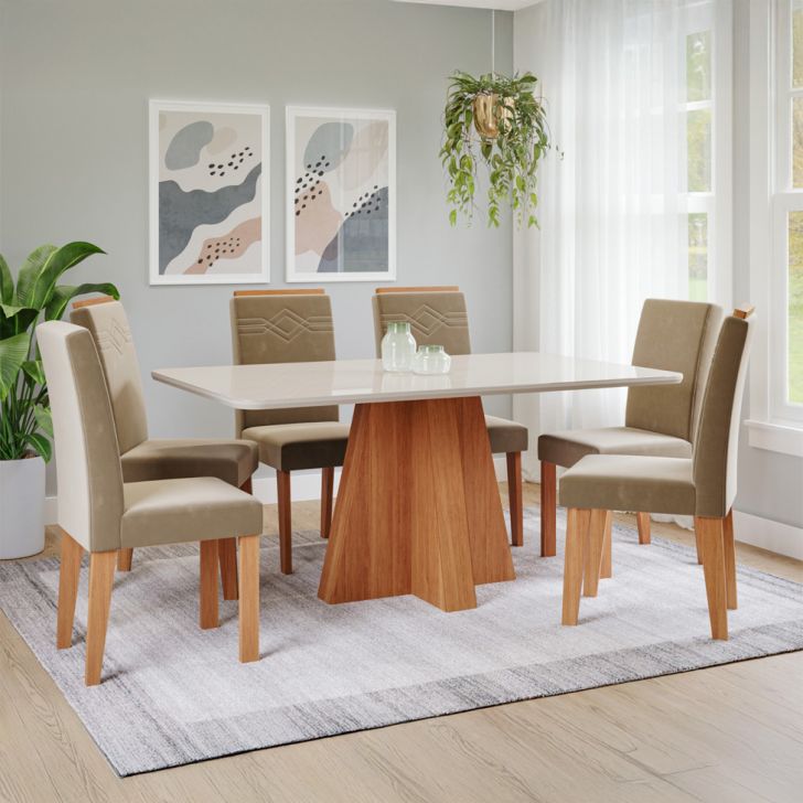 Conjunto De Mesa Retangular Com Tampo De Vidro Off White Maitê E 6 Cadeiras Tais E Maia Suede Joli E Amadeirado