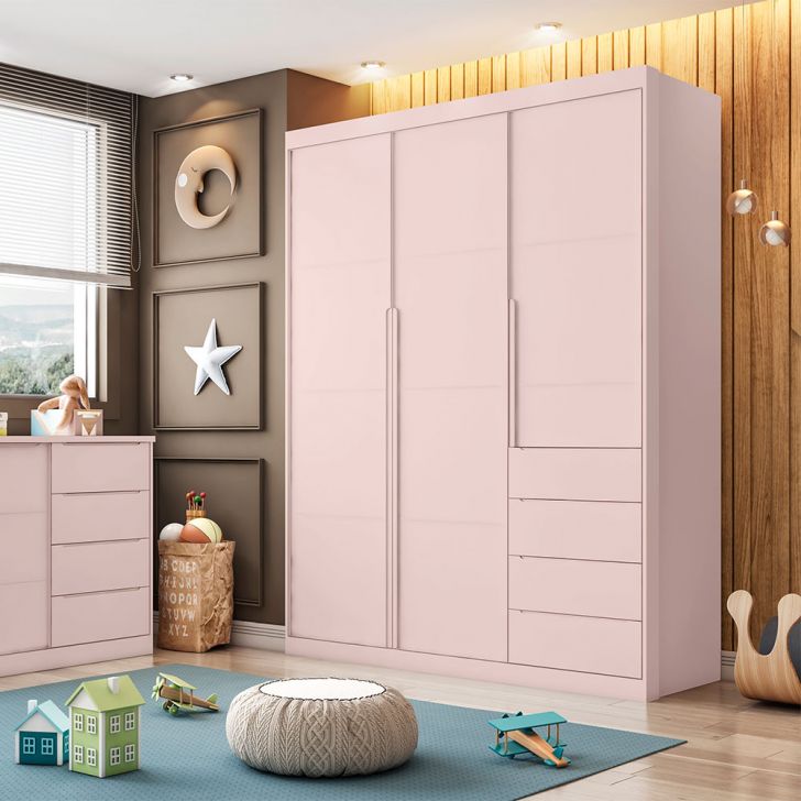Guarda-Roupa Infantil Pérola 3 Portas 4 Gavetas Rosê