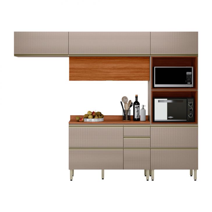 Armário de Cozinha Compacta Proença 6 Portas 5 Gavetas Nude e Nogueira