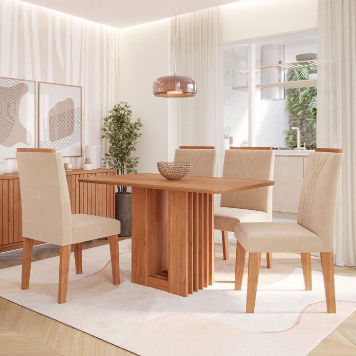 Conjunto De Mesa Retangular Com Tampo De Mdf Cinamomo Ariela E 4 Cadeiras Nicole Suede Bege