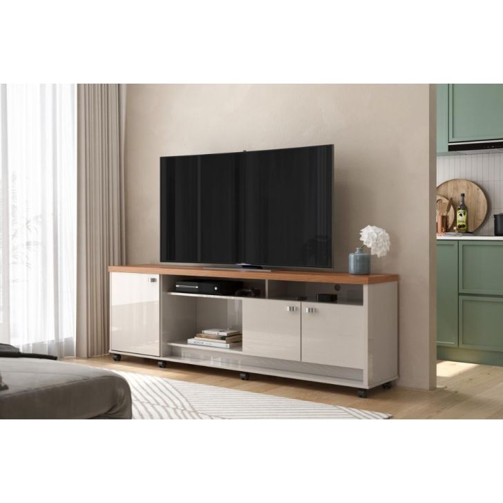 Bancada Napoli Suporte Para Tvs C/ 3 Portas E Nichos - Off White Perolizado/Jequitiba