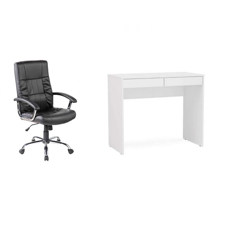 Conjunto de Mesa Mendes Branca 2 GV com Cadeira de Escritório Presidente Giratória com Relax Office Plus Preta