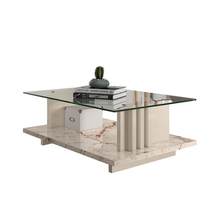 Mesa de Centro Retangular Frizz Off White e Calacata