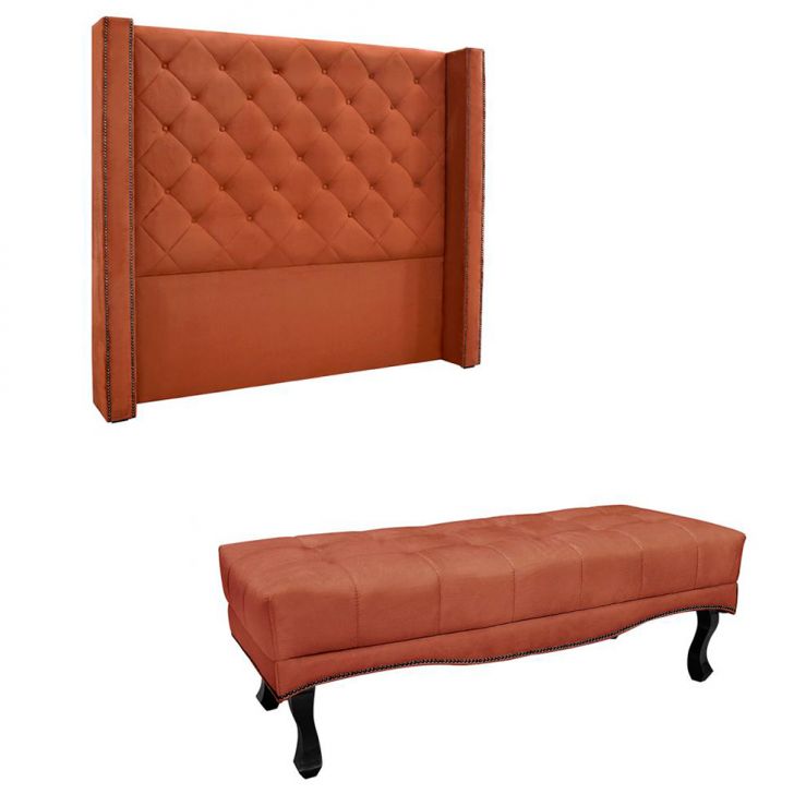 Conjunto de Cabeceira Queen com Recamier Vicenza Veludo Cobre