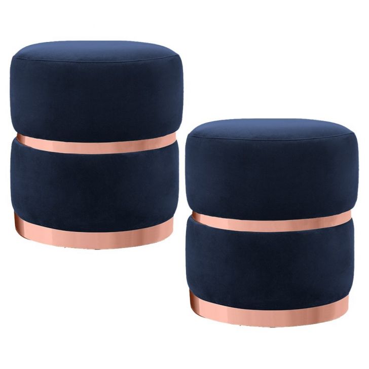 Kit 2 Puffs Decorativos Cinto e Aro Rosê Round B-287 Veludo Marinho - Domi