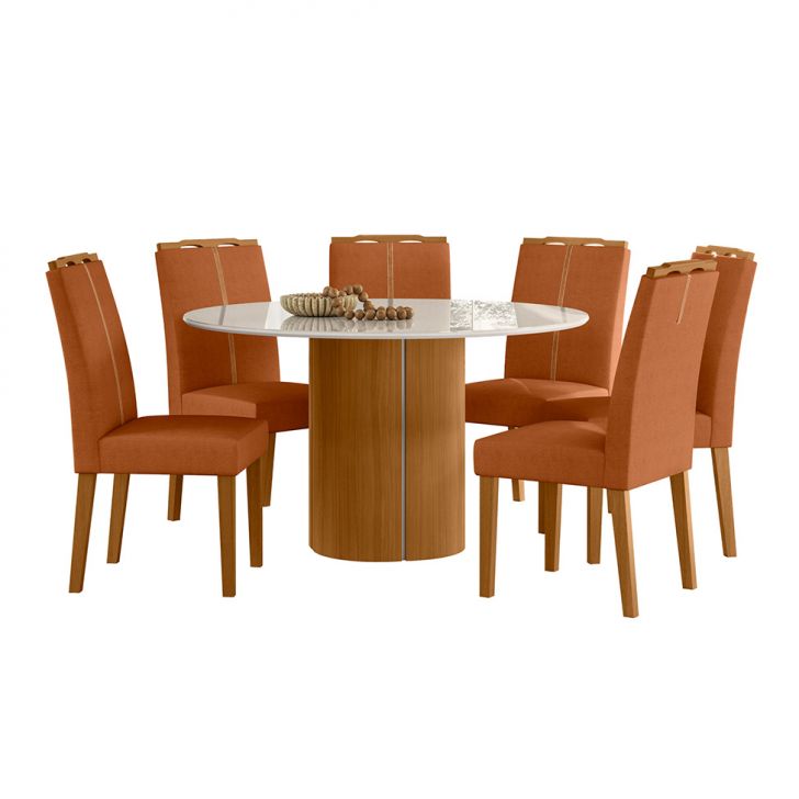 Conjunto De Mesa Redonda Com Tampo De Vidro Off White E 6 Cadeiras Serena Poliéster Terracota E Ypê