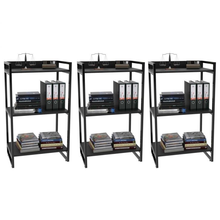 Kit 3 Estantes Livreiro Multiuso Prisma Estilo Industrial 60cm 3 Prateleiras C08 Preto Onix - Mpozenato