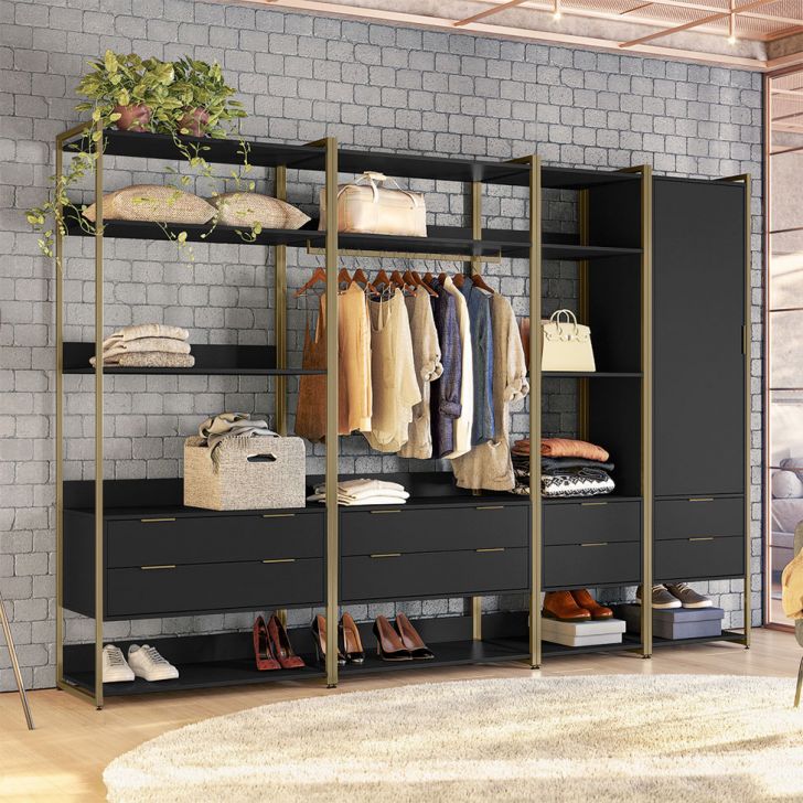 Guarda-roupa Closet Industrial Mital 1 Porta 8 Gavetas Preto E Dourado