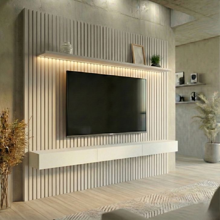 Painel Ripado Com Rack Suspenso Até 70 Polegadas Tulum Com Led 1 Pt 2 Gv Off White Alt 218 Larg 222 Cm